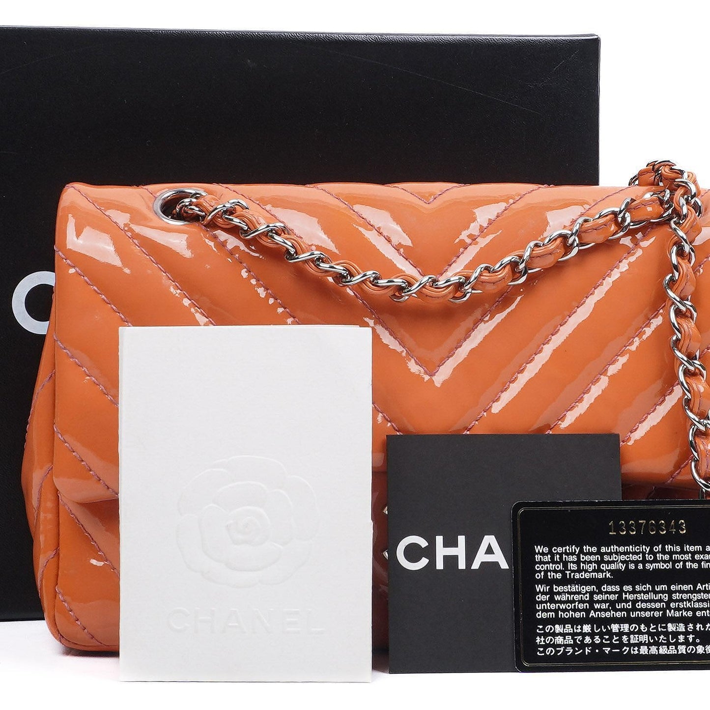 Chanel Medium Classic Single Flap Bag Orange Chevron Quilted Patent Leather Silver-Tone Hardware
