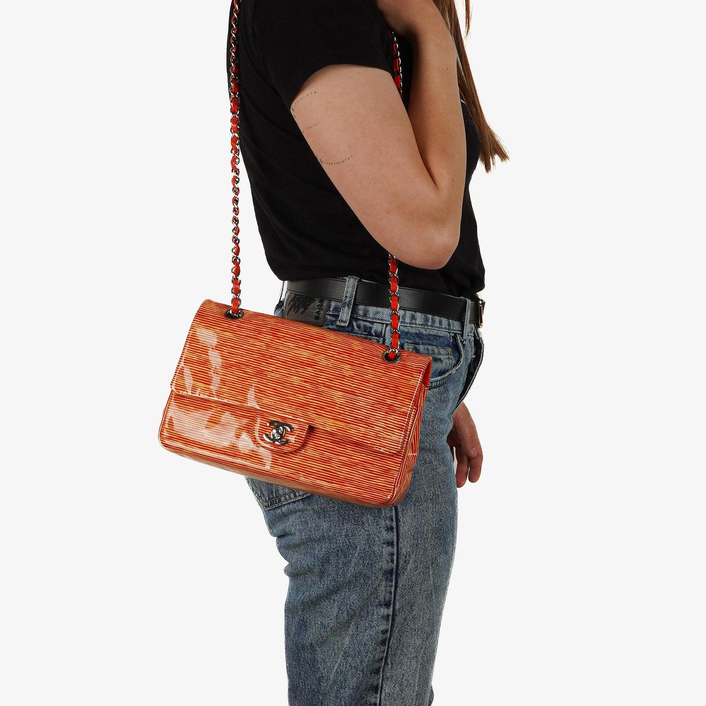 Chanel Classic Striped Patent Leather Medium Double Flap Bag, 2014