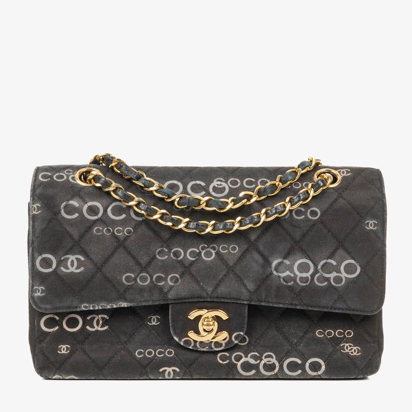 Chanel Medium Coco Black White Printed Quilted Canvas Double Flap Bag