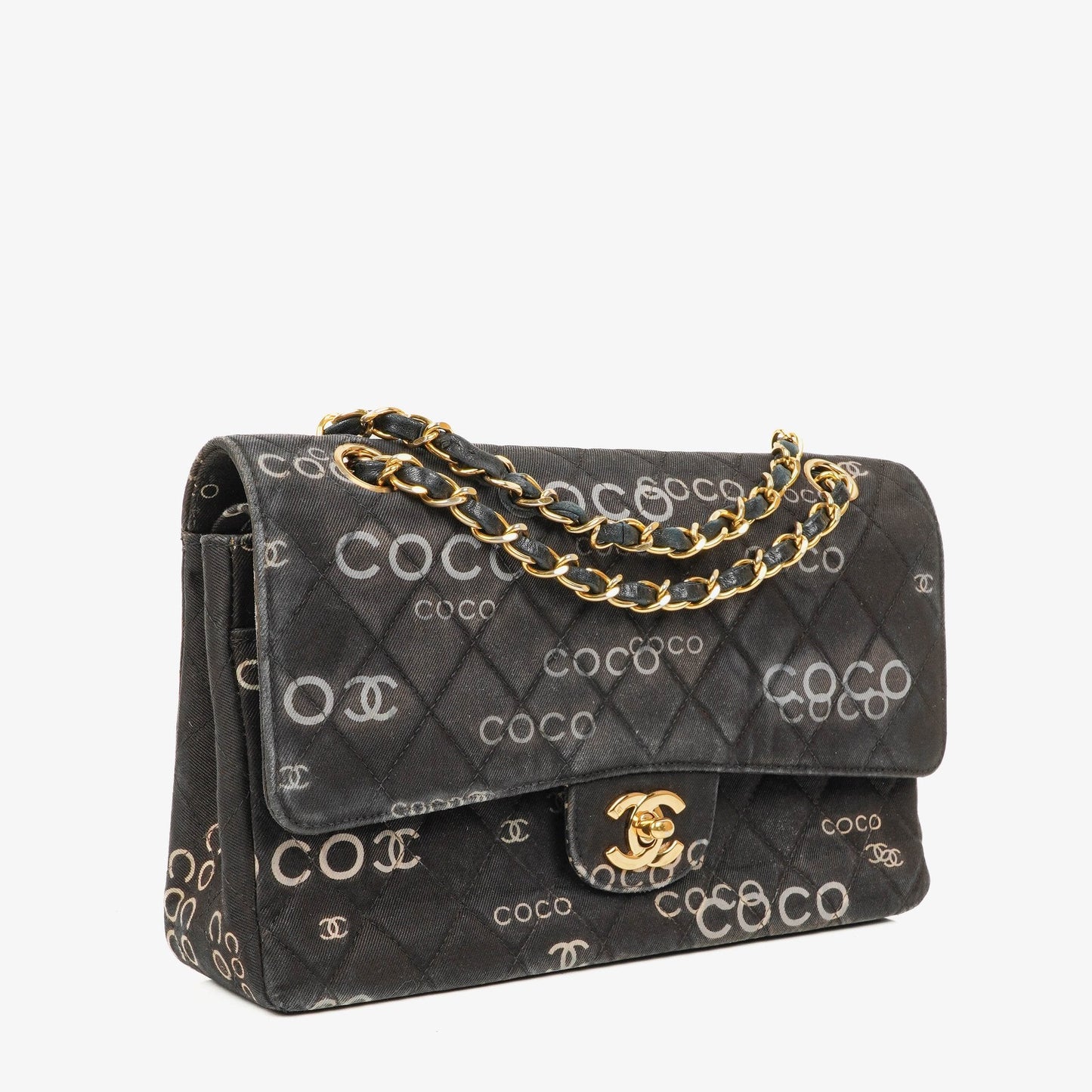 Chanel Medium Coco Black White Printed Quilted Canvas Double Flap Bag