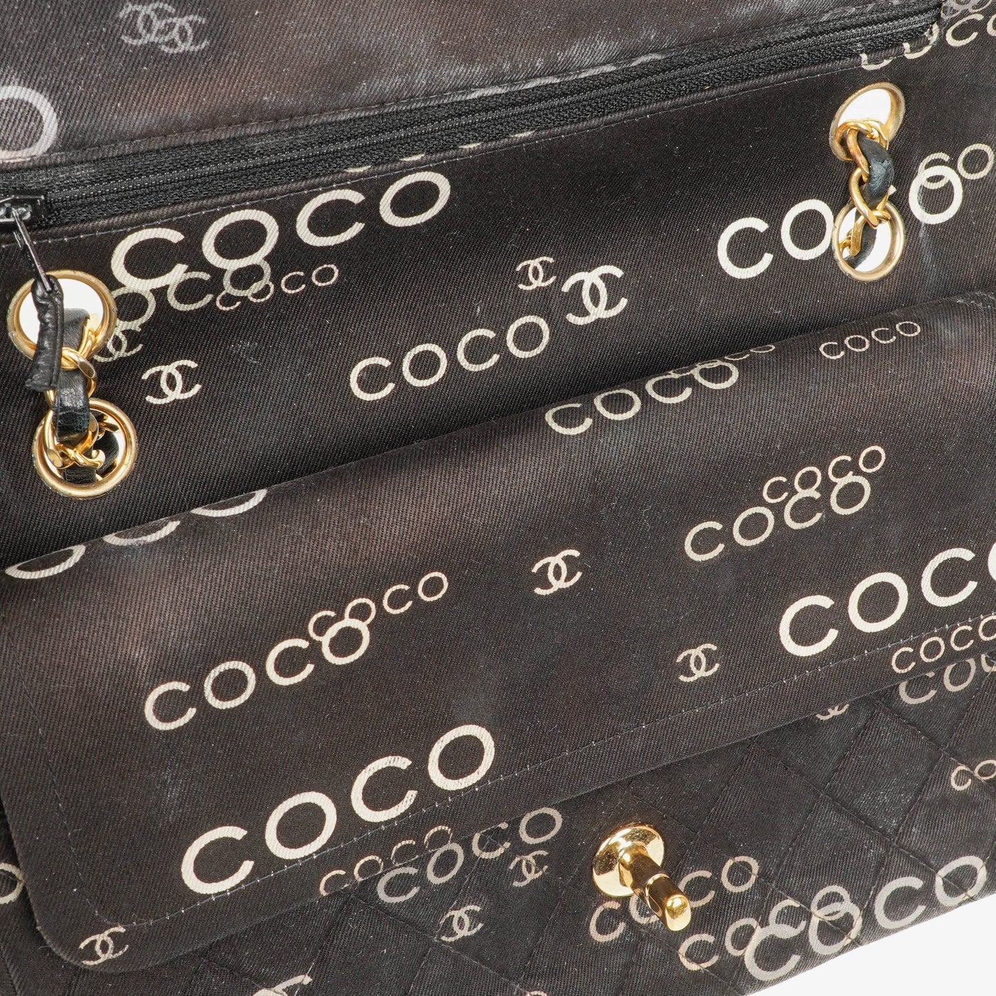 Chanel Medium Coco Black White Printed Quilted Canvas Double Flap Bag