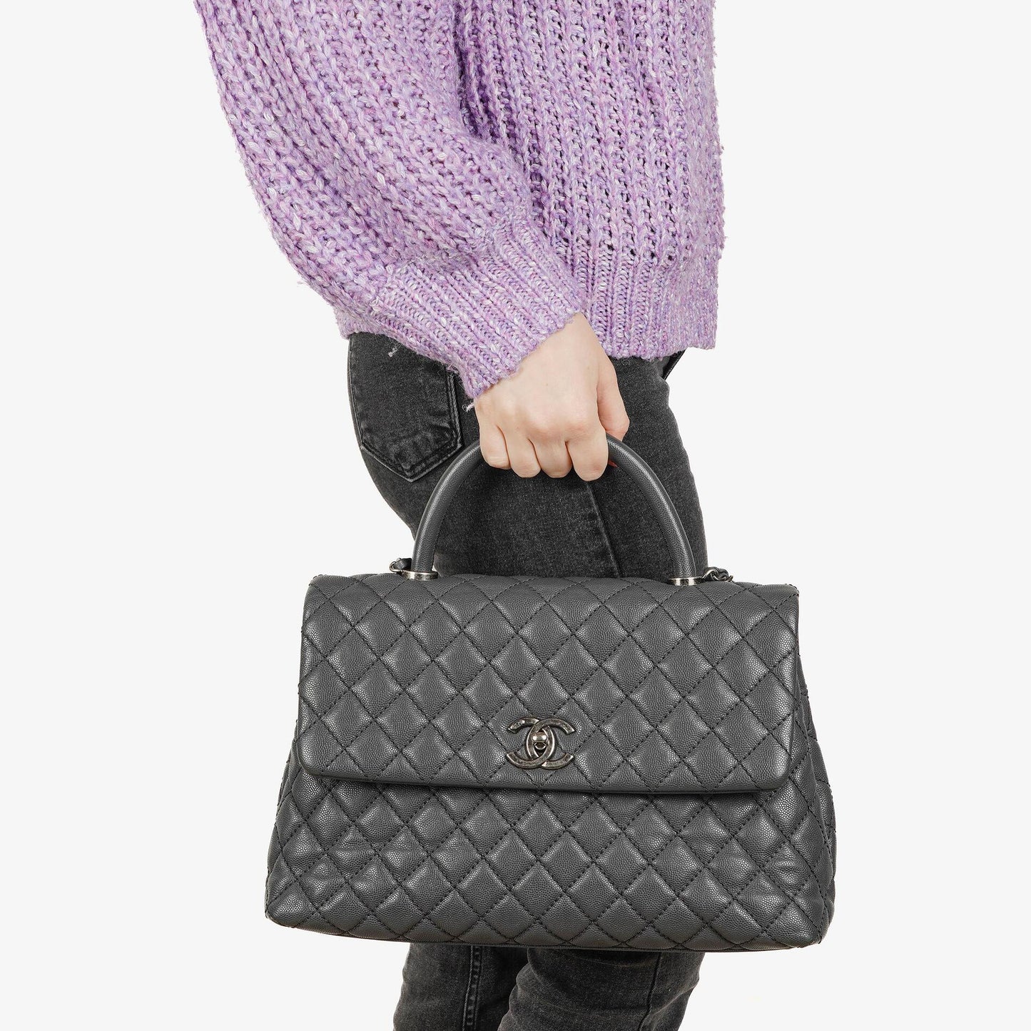 Chanel Medium Coco Handle Grey Quilted Caviar Leather Handle Bag