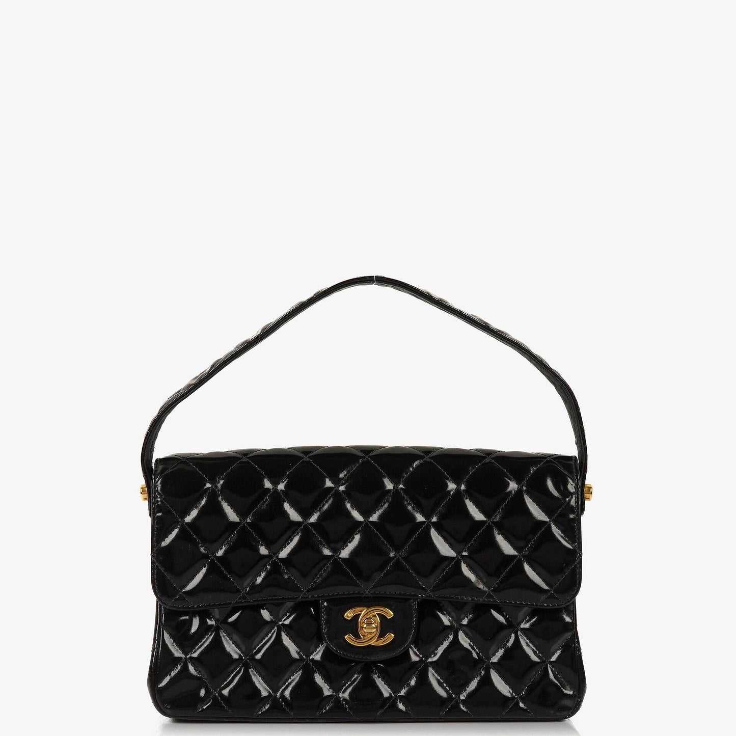 Chanel Medium Double Sided Flap Bag Black Quilted Patent Leather 24K Gold-Plated Hardware