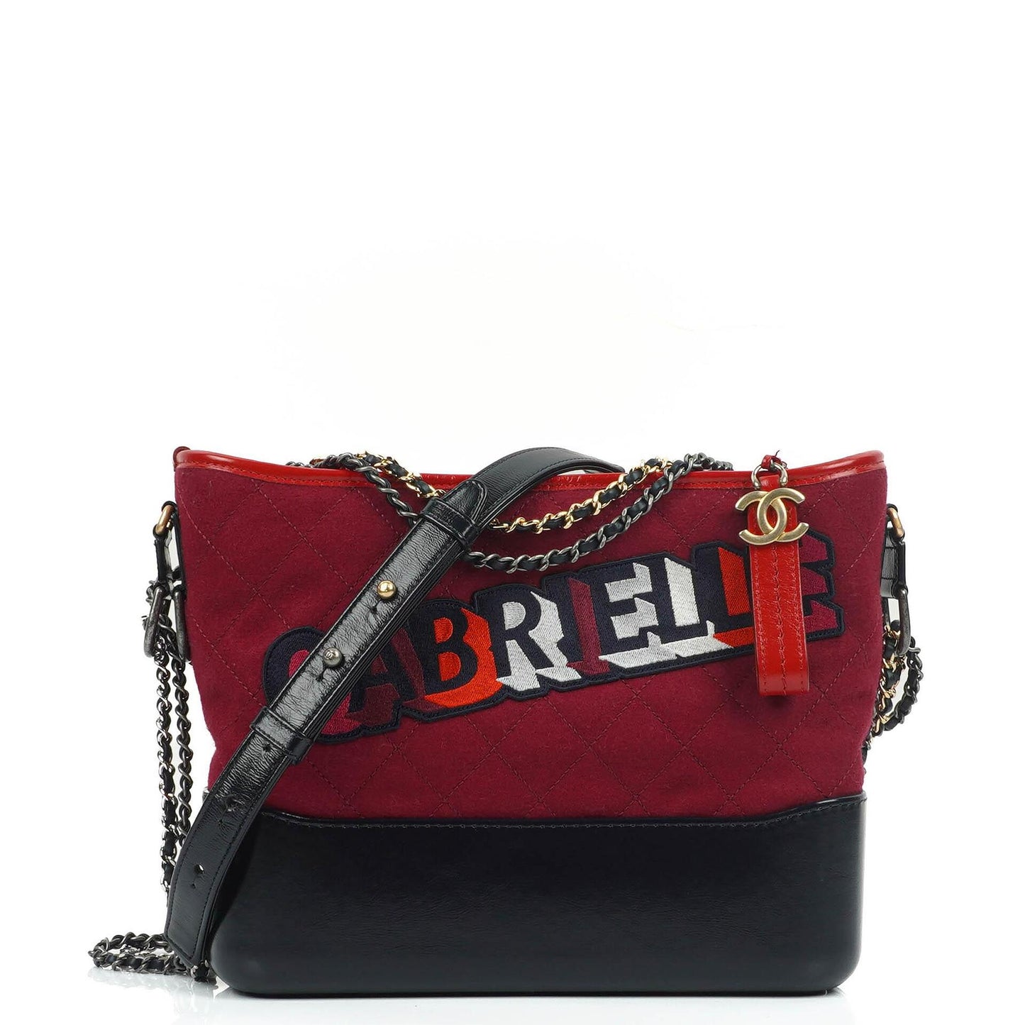 Chanel Medium Gabrielle Hobo Burgundy Quilted Felt And Navy Calfskin Bag With Gold-Tone, Silver And Aged Silver Hardware