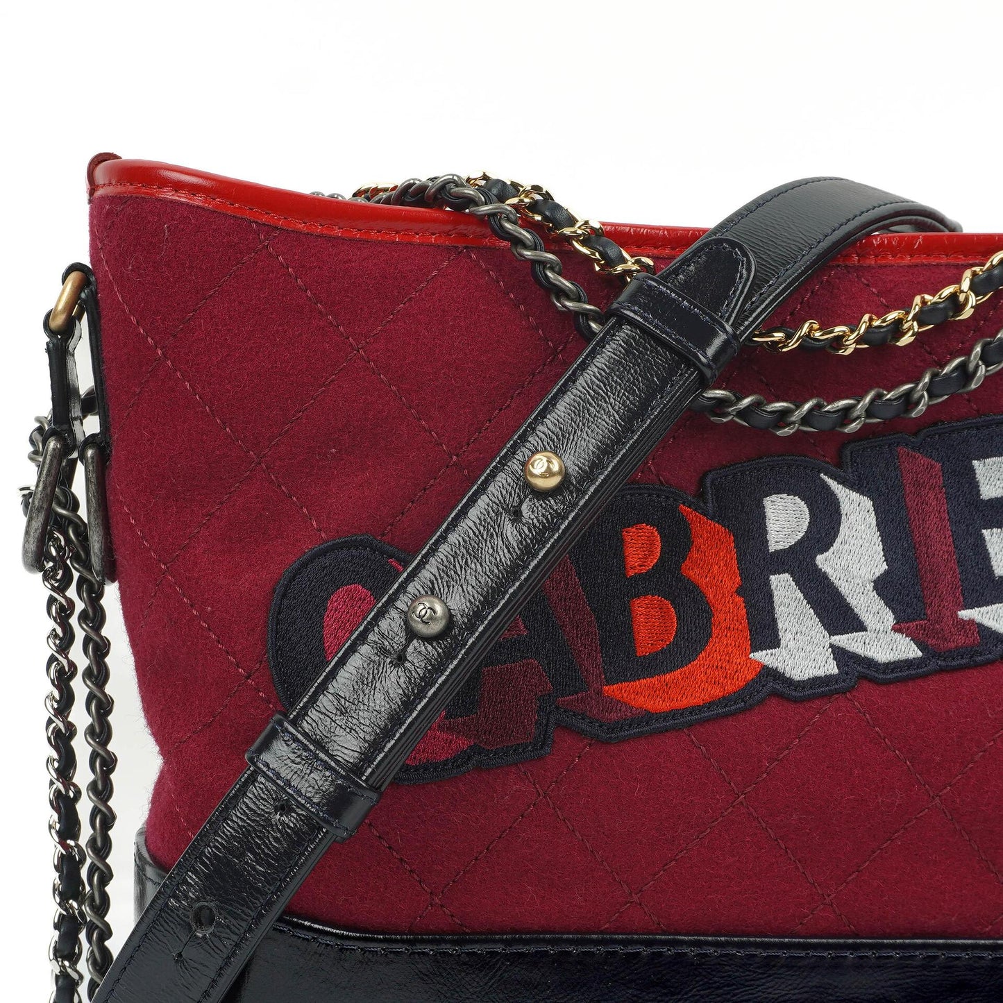 Chanel Medium Gabrielle Hobo Burgundy Quilted Felt And Navy Calfskin Bag With Gold-Tone, Silver And Aged Silver Hardware