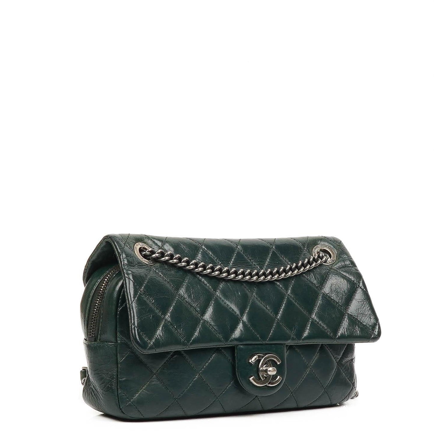 Chanel Medium Single Flap Bag Due Color Green Quilted Glazed Calfskin Ruthenium Hardware