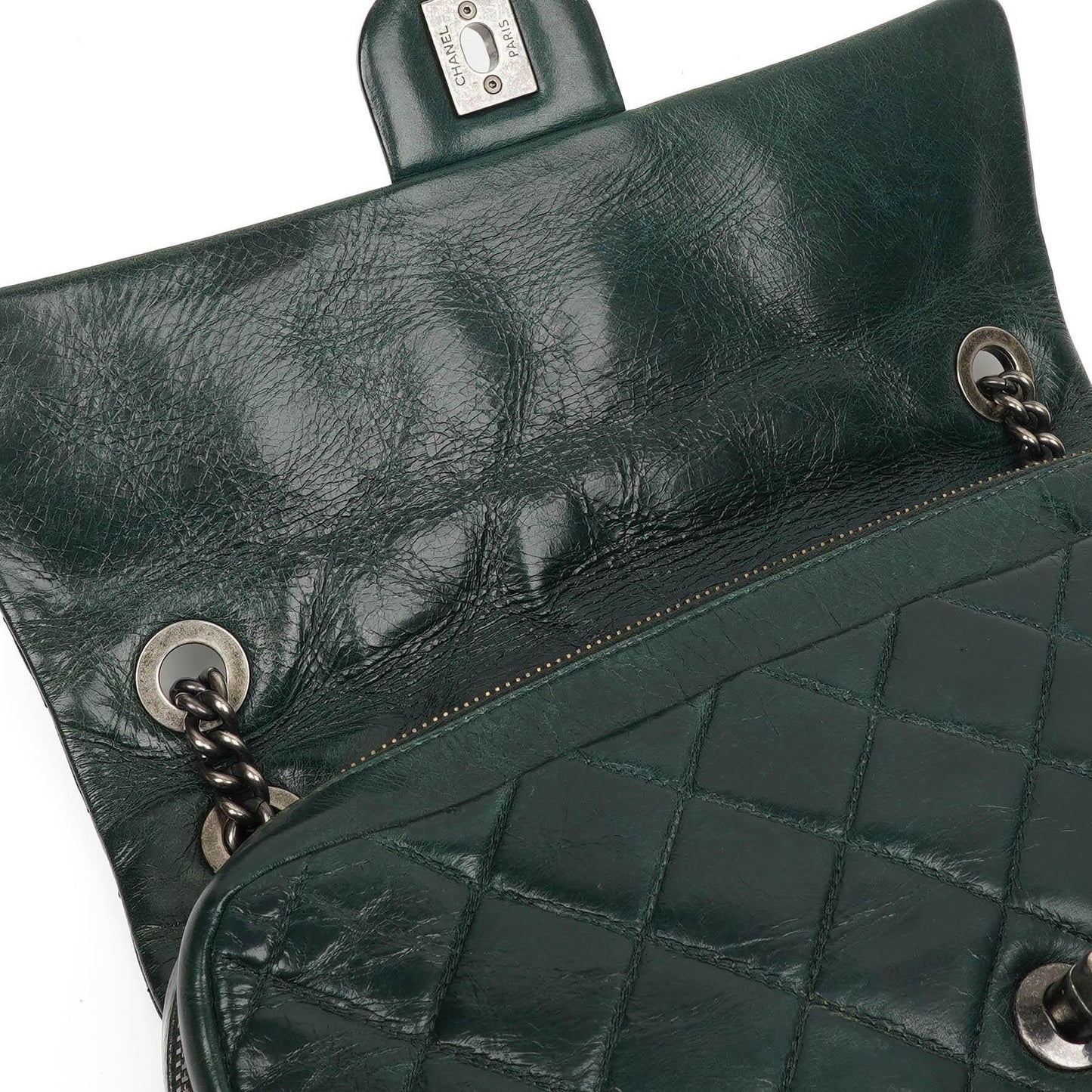 Chanel Medium Single Flap Bag Due Color Green Quilted Glazed Calfskin Ruthenium Hardware
