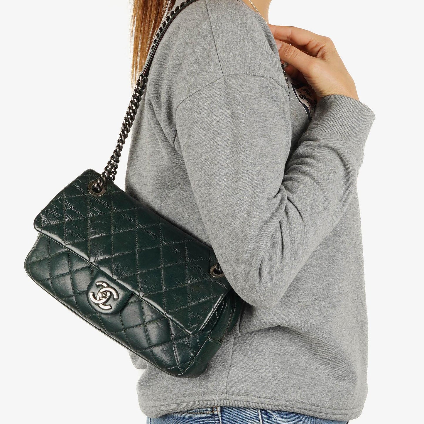 Chanel Medium Single Flap Bag Due Color Green Quilted Glazed Calfskin Ruthenium Hardware