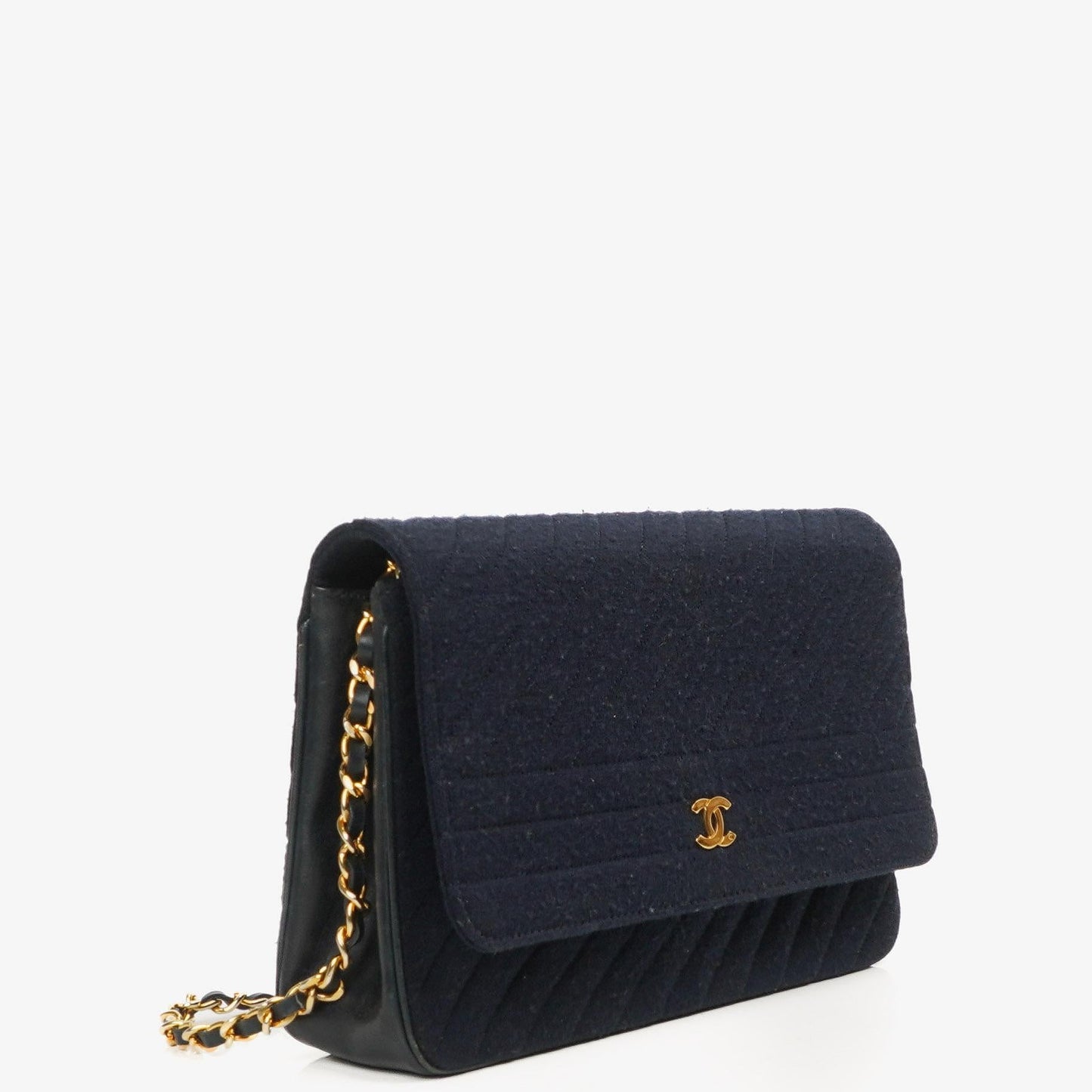 Chanel Medium Single Flap Bag In Navy Diagonal Quilted Jersey And Leather With 24K Gold-Plated Hardware