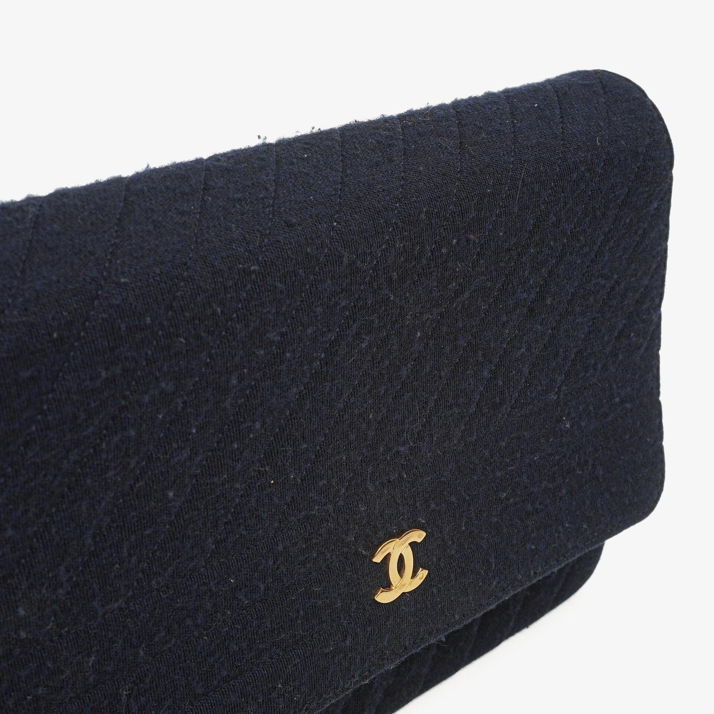 Chanel Medium Single Flap Bag In Navy Diagonal Quilted Jersey And Leather With 24K Gold-Plated Hardware
