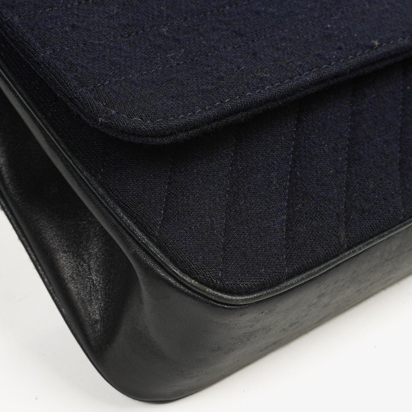 Chanel Medium Single Flap Bag In Navy Diagonal Quilted Jersey And Leather With 24K Gold-Plated Hardware