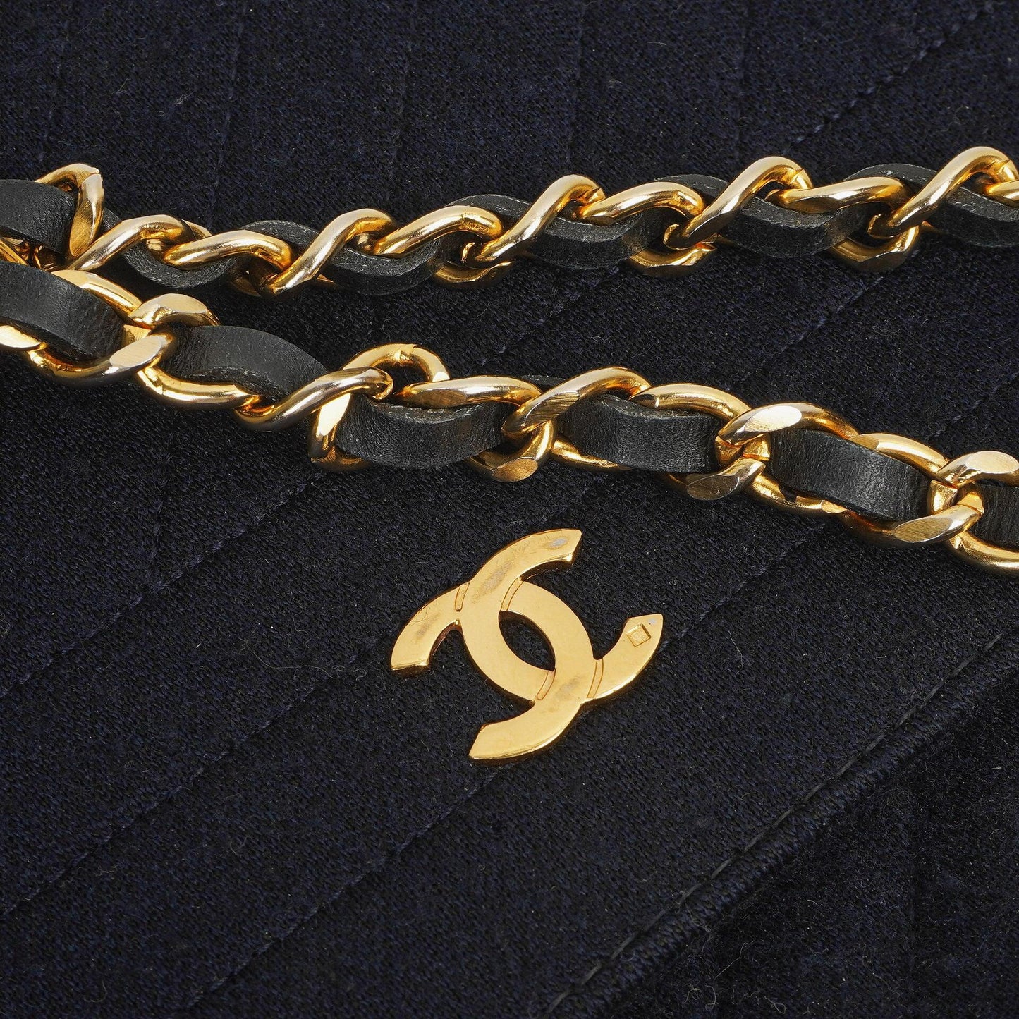 Chanel Medium Single Flap Bag In Navy Diagonal Quilted Jersey And Leather With 24K Gold-Plated Hardware
