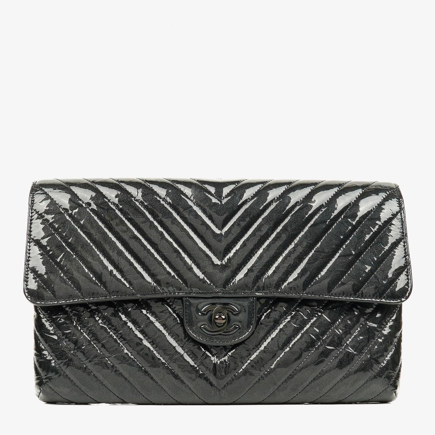 Chanel Metallic Black Crumpled Patent Calfskin Chevron Flap Clutch