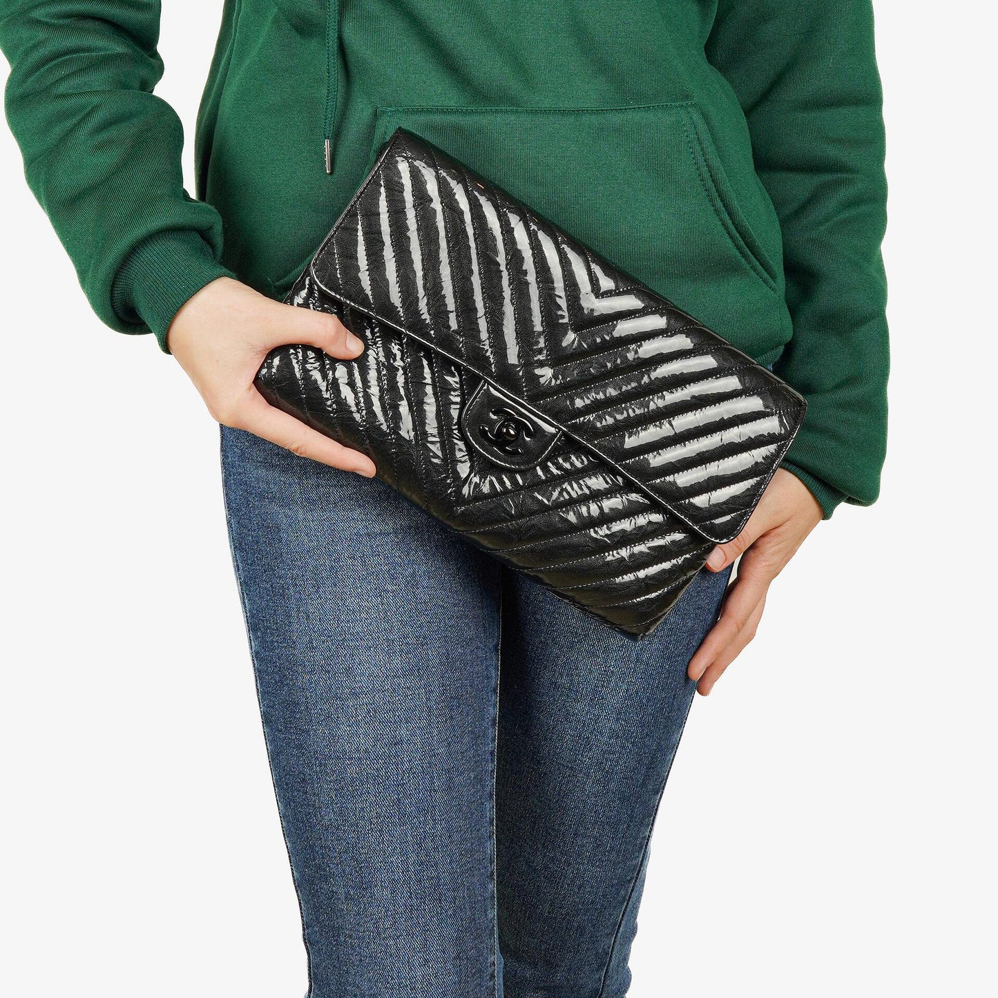 Chanel Metallic Black Crumpled Patent Calfskin Chevron Flap Clutch