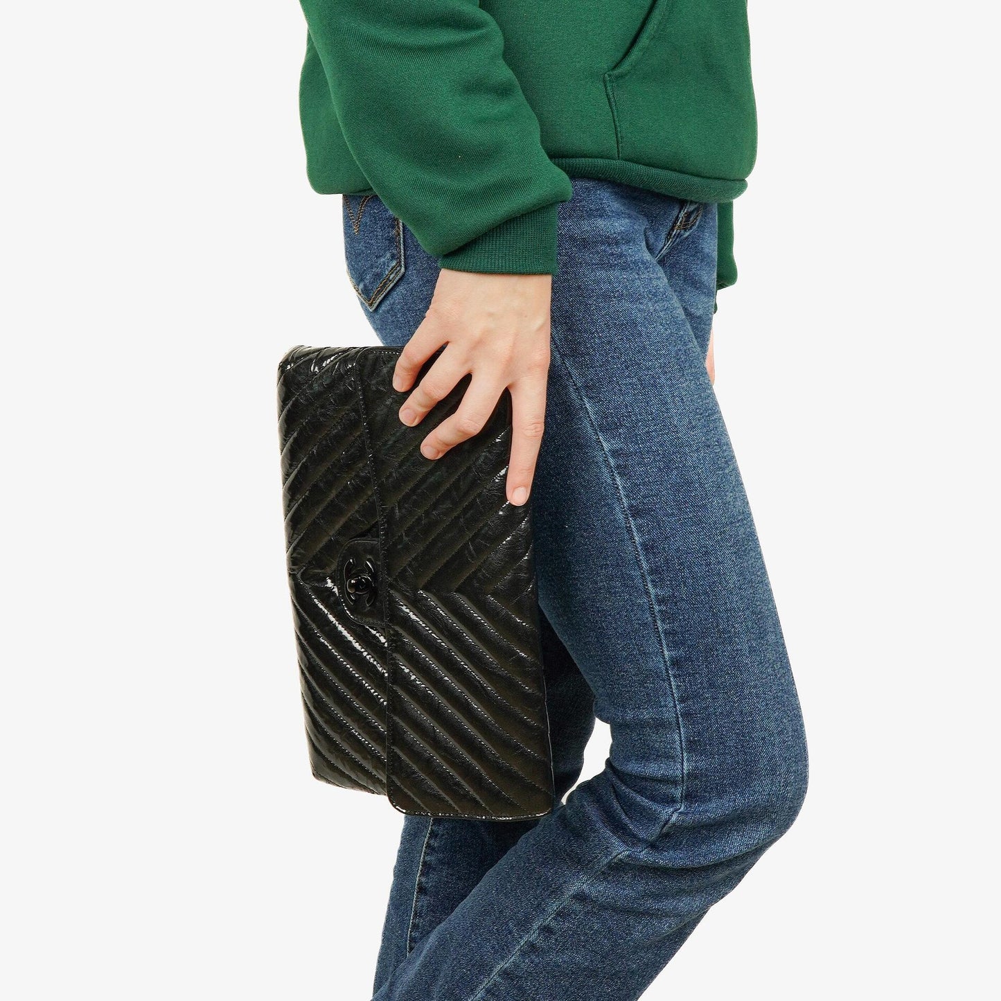 Chanel Metallic Black Crumpled Patent Calfskin Chevron Flap Clutch