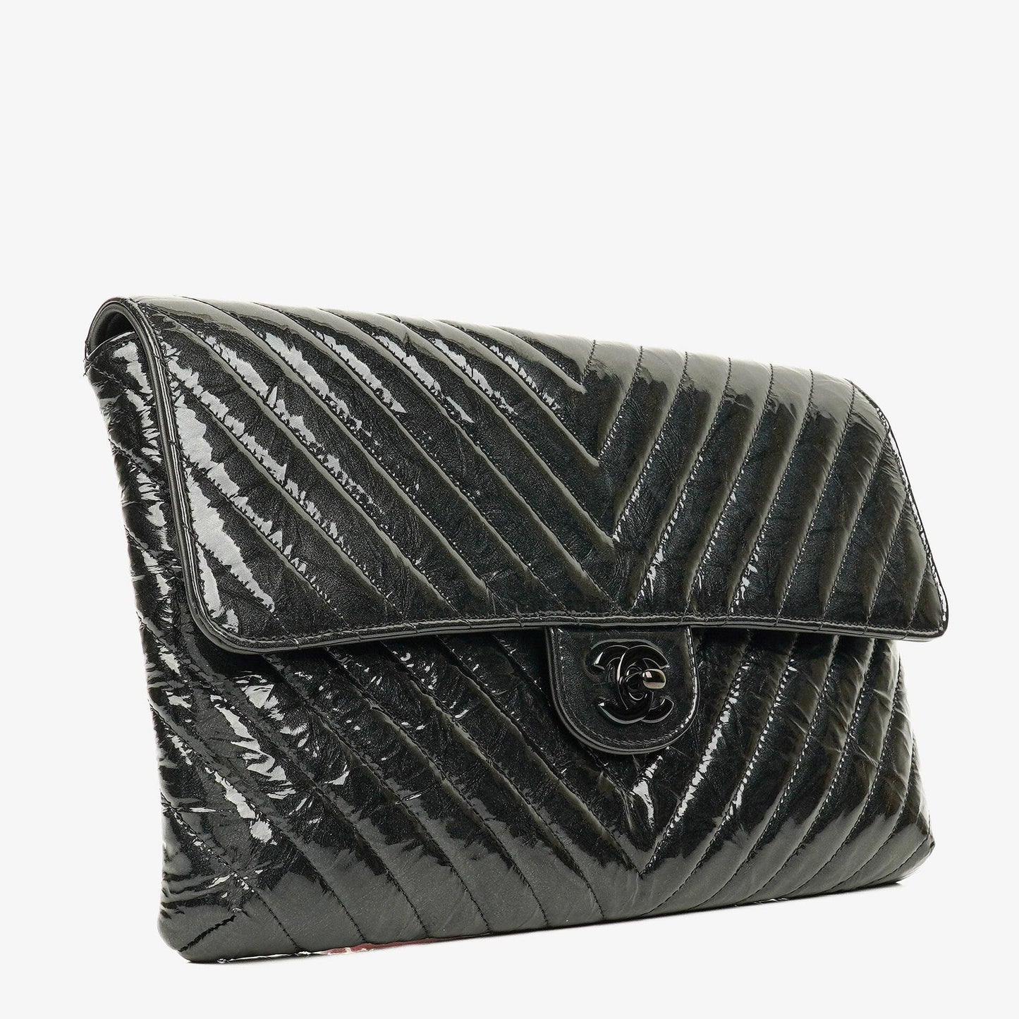 Chanel Metallic Black Crumpled Patent Calfskin Chevron Flap Clutch