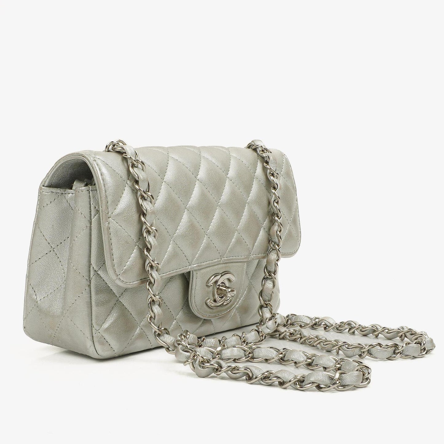 Chanel Mini Rectangular Single Flap Bag Metalic Silver Quilted Lambskin SIlver Tone Hardware