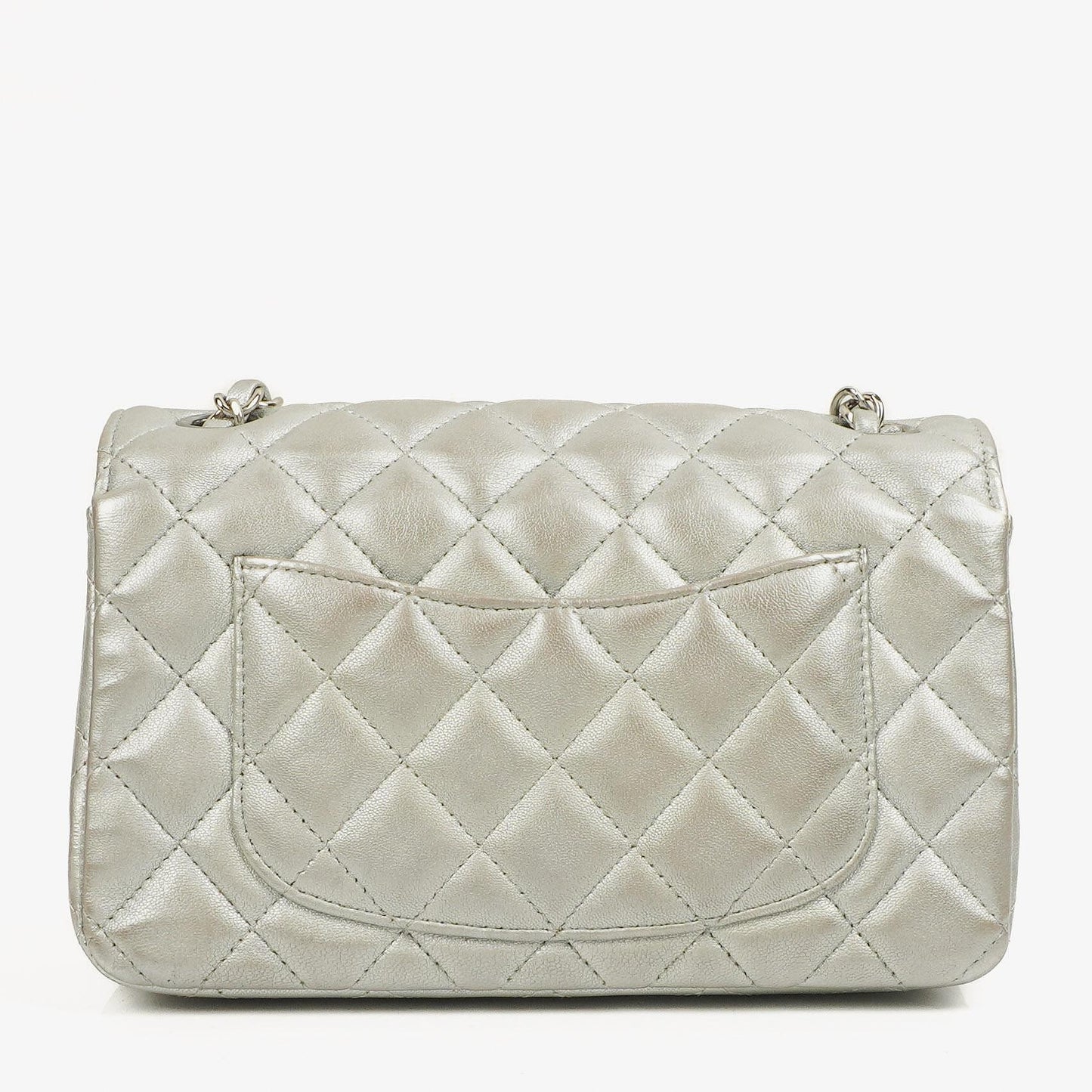 Chanel Mini Rectangular Single Flap Bag Metalic Silver Quilted Lambskin SIlver Tone Hardware