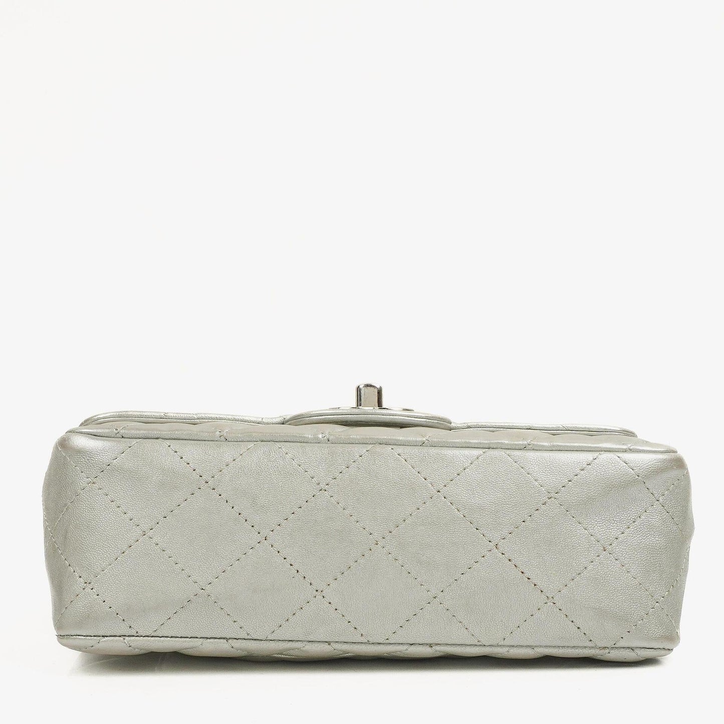 Chanel Mini Rectangular Single Flap Bag Metalic Silver Quilted Lambskin SIlver Tone Hardware