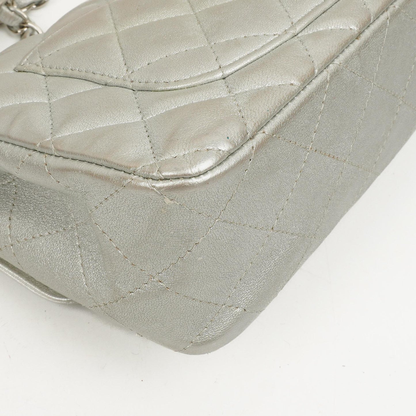Chanel Mini Rectangular Single Flap Bag Metalic Silver Quilted Lambskin SIlver Tone Hardware