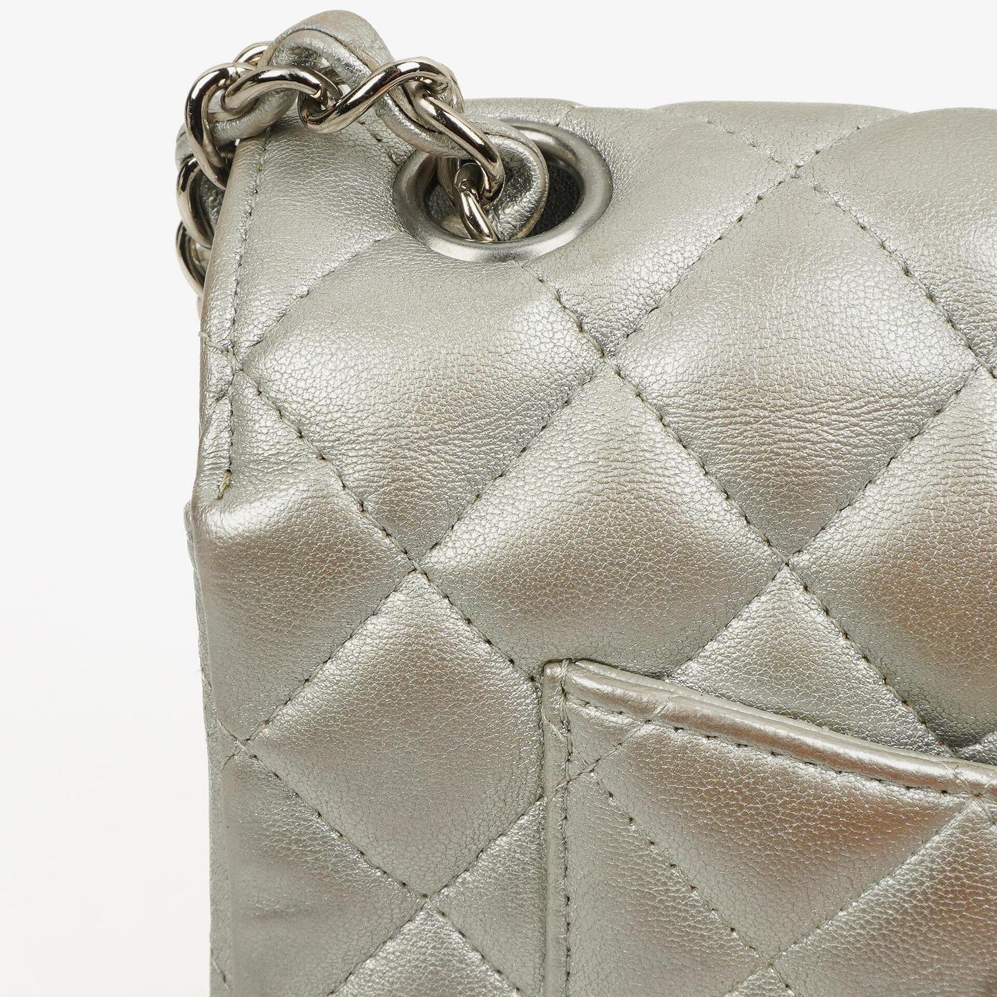 Chanel Mini Rectangular Single Flap Bag Metalic Silver Quilted Lambskin SIlver Tone Hardware