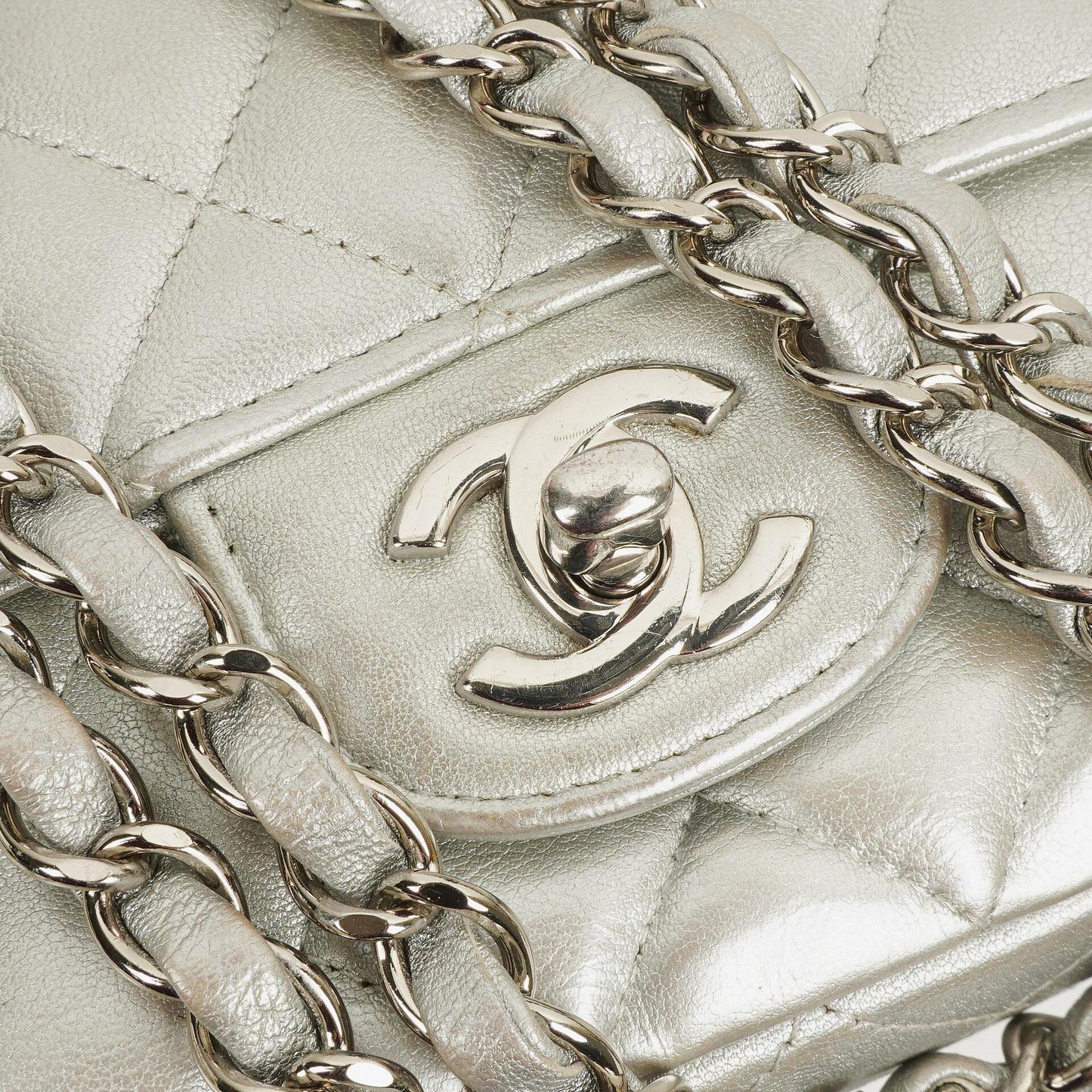 Chanel Mini Rectangular Single Flap Bag Metalic Silver Quilted Lambskin SIlver Tone Hardware
