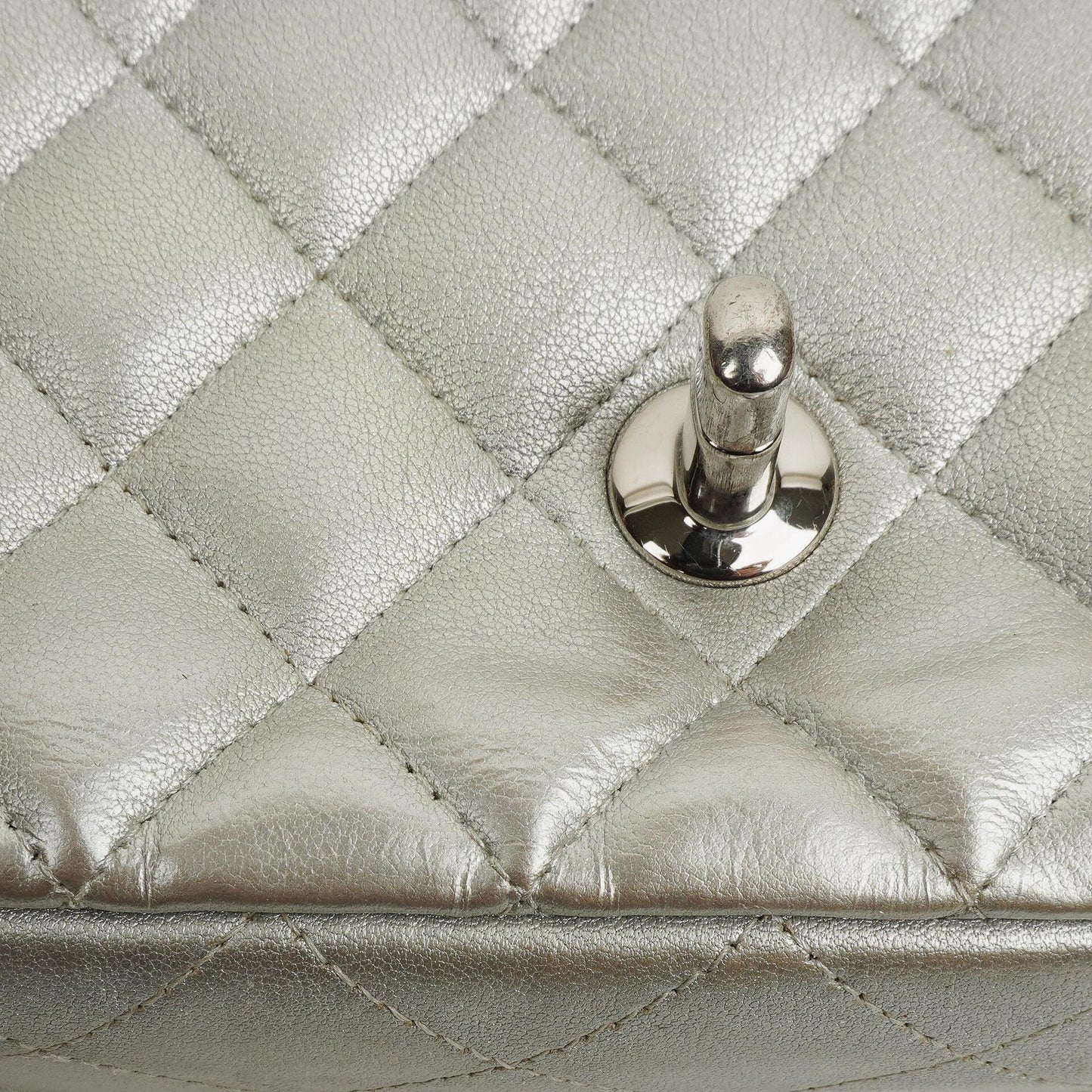 Chanel Mini Rectangular Single Flap Bag Metalic Silver Quilted Lambskin SIlver Tone Hardware