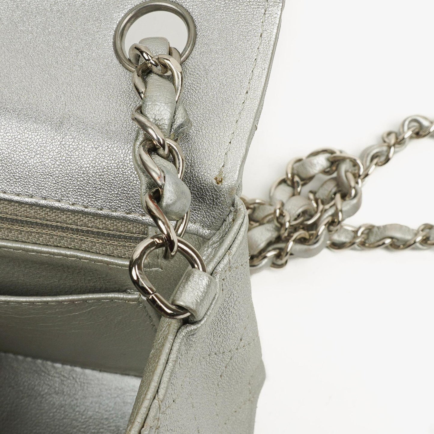 Chanel Mini Rectangular Single Flap Bag Metalic Silver Quilted Lambskin SIlver Tone Hardware