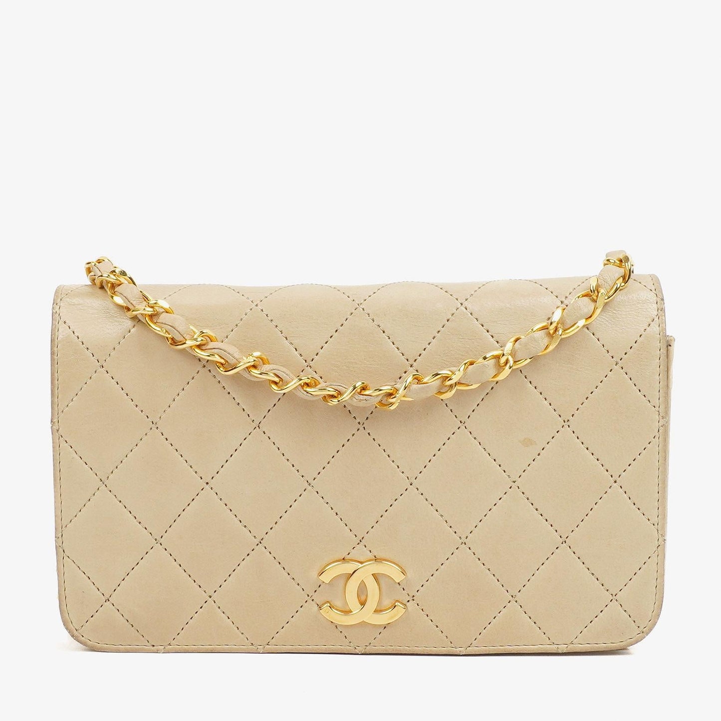 Chanel Mini Classic Beige Quilted Lambskin Full Flap Wallet On Chain WOC With 24K Gold-Plated Hardware