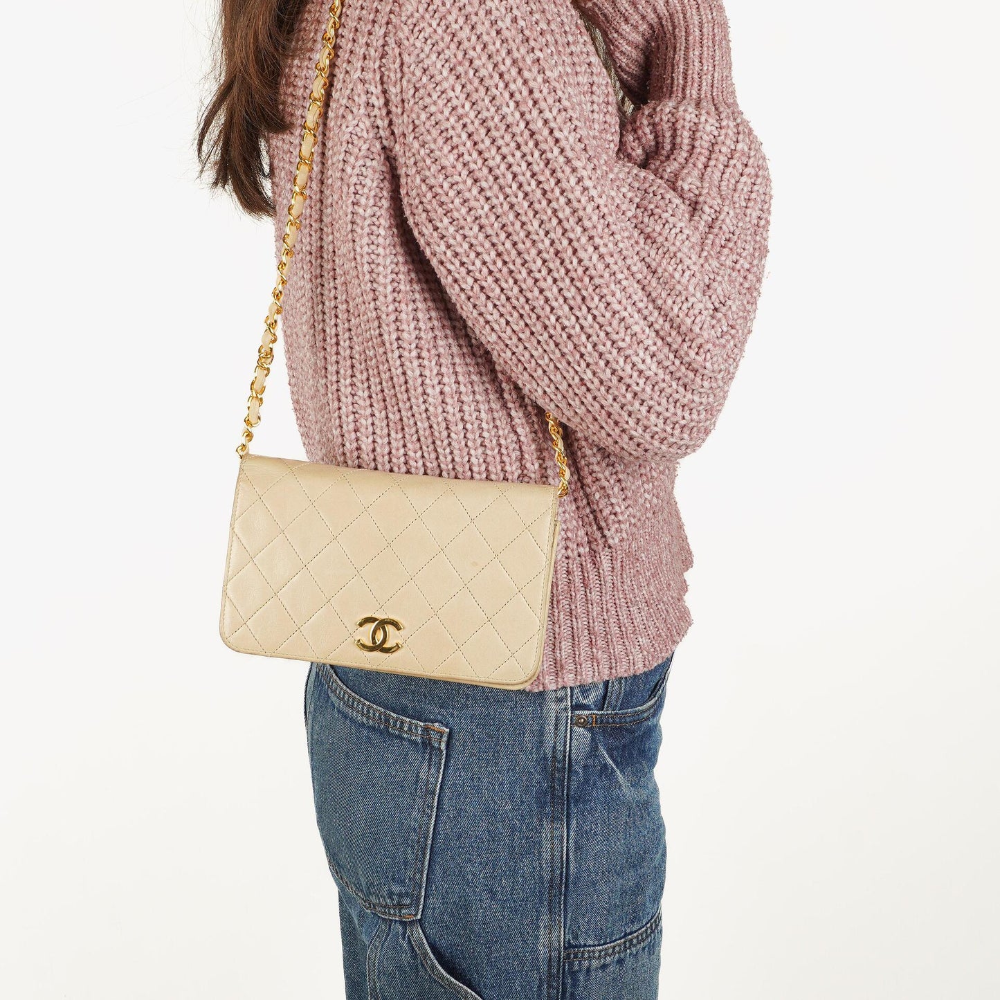 Chanel Mini Classic Beige Quilted Lambskin Full Flap Wallet On Chain WOC With 24K Gold-Plated Hardware
