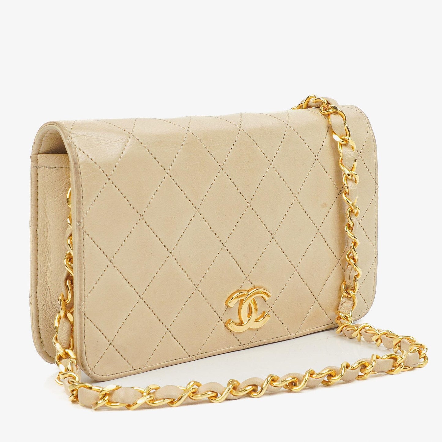 Chanel Mini Classic Beige Quilted Lambskin Full Flap Wallet On Chain WOC With 24K Gold-Plated Hardware