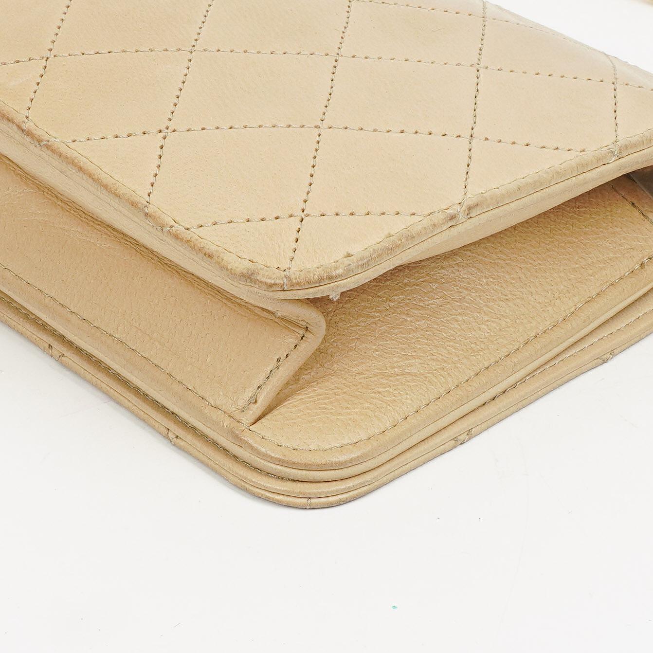 Chanel Mini Classic Beige Quilted Lambskin Full Flap Wallet On Chain WOC With 24K Gold-Plated Hardware
