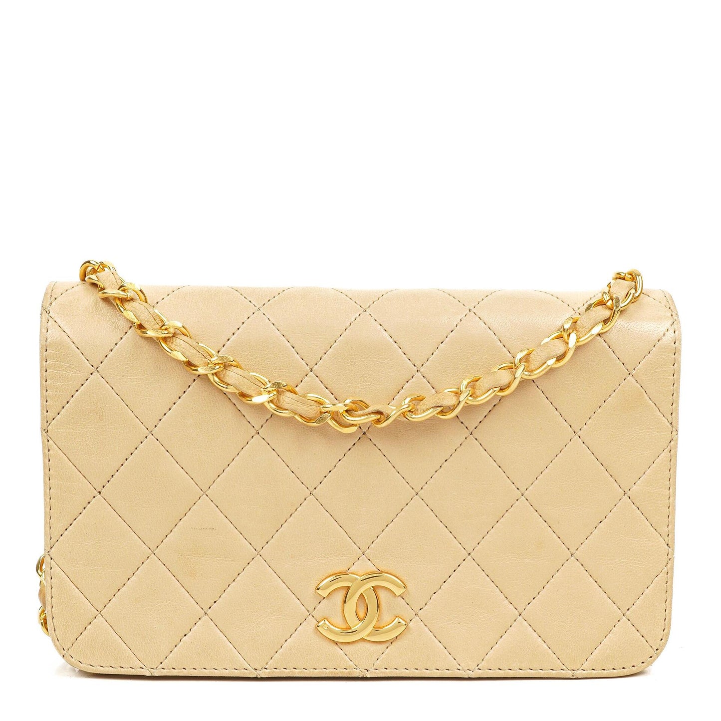 Chanel Mini Classic Biege Quilted Lambskin Full Flap Wallet On Chain WOC With 24K Gold-Plated Hardware