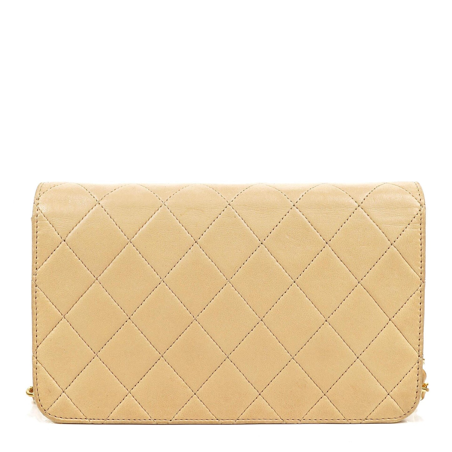 Chanel Mini Classic Biege Quilted Lambskin Full Flap Wallet On Chain WOC With 24K Gold-Plated Hardware