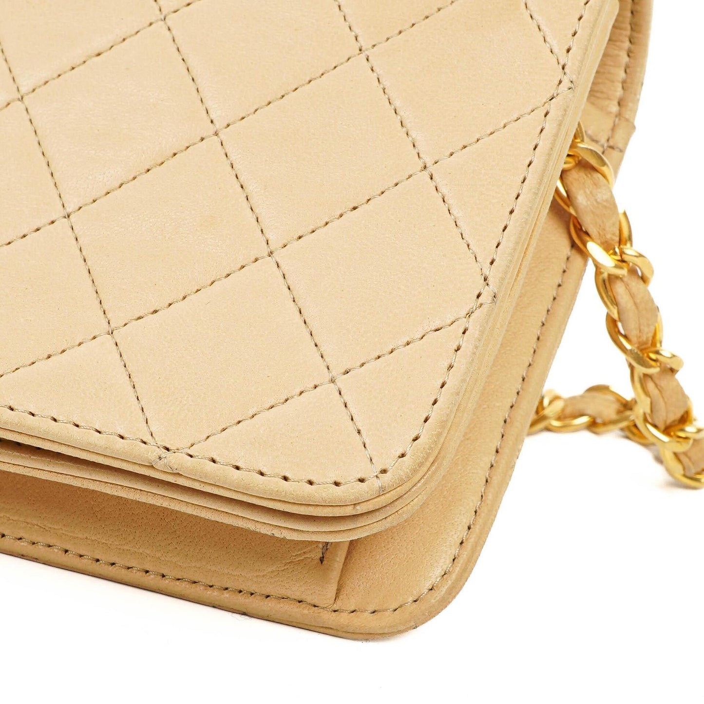 Chanel Mini Classic Biege Quilted Lambskin Full Flap Wallet On Chain WOC With 24K Gold-Plated Hardware