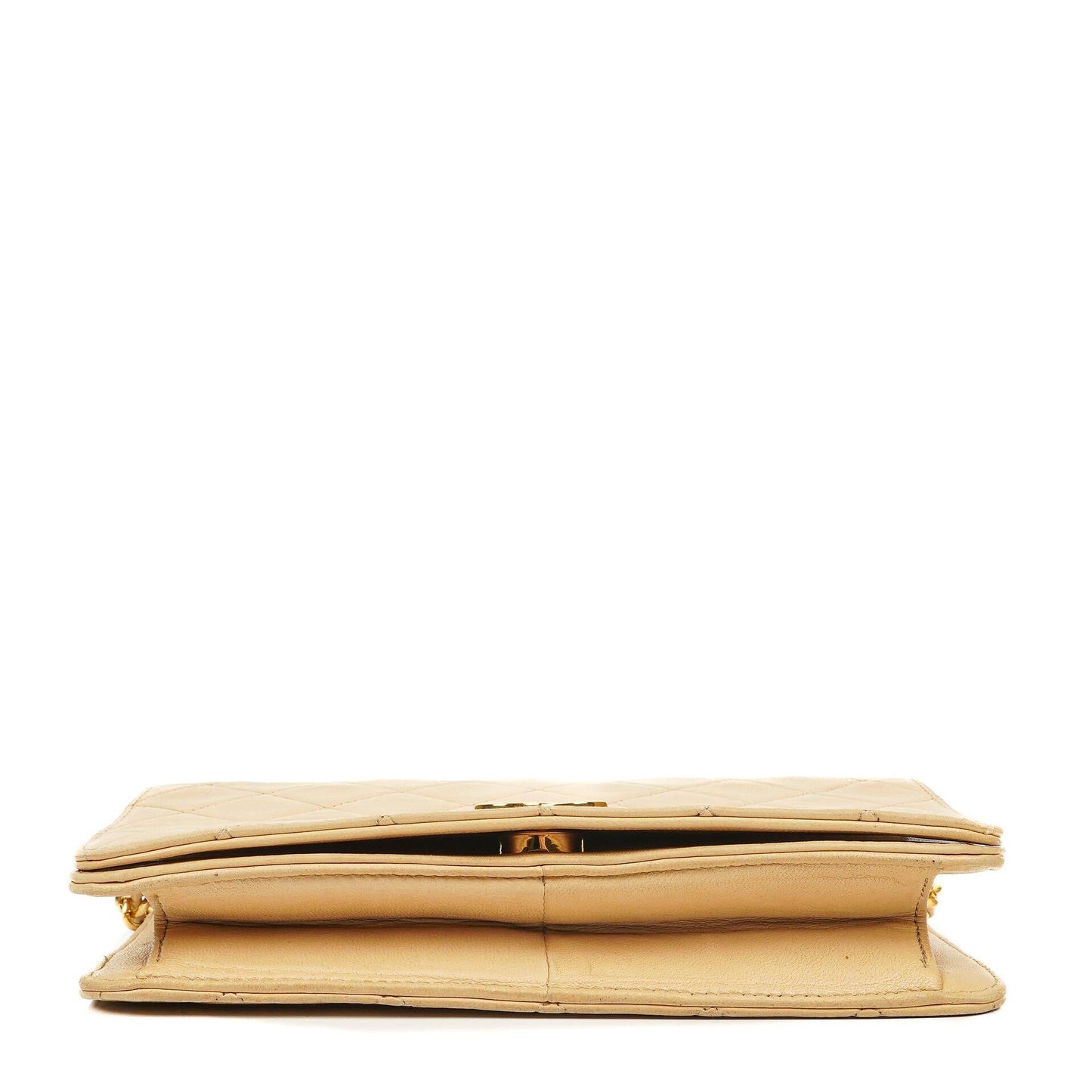 Chanel Mini Classic Biege Quilted Lambskin Full Flap Wallet On Chain WOC With 24K Gold-Plated Hardware