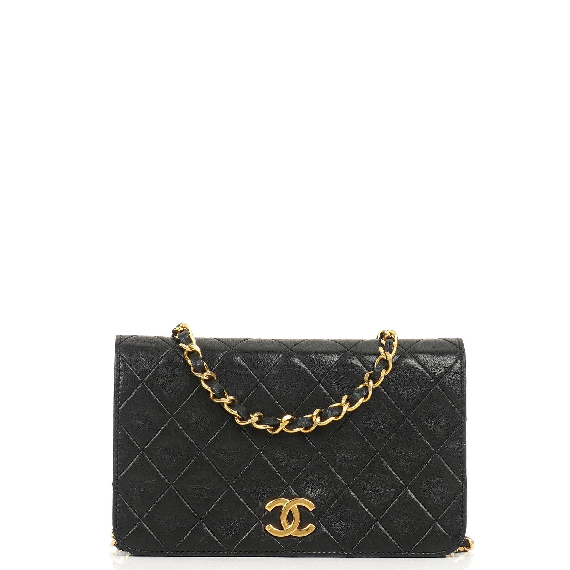 Chanel Mini Classic Black Quilted Lambskin Leather Full Flap Wallet On Chain WOC With 24K Gold-Plated Hardware