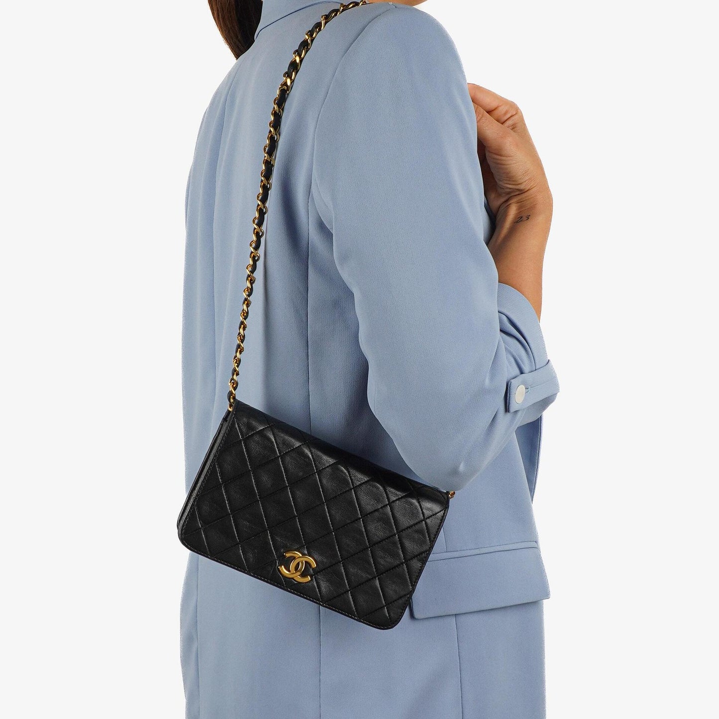 Chanel Mini Classic Black Quilted Lambskin Leather Full Flap Wallet On Chain WOC With 24K Gold-Plated Hardware