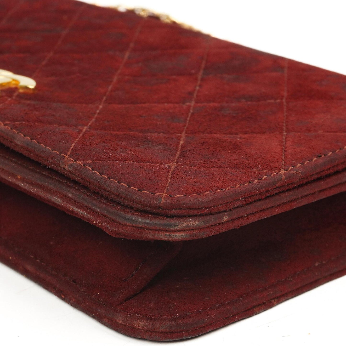 Chanel Mini Classic Burgundy Quilted Suede Full Flap Wallet On Chain WOC With Gold-Tone Hardware