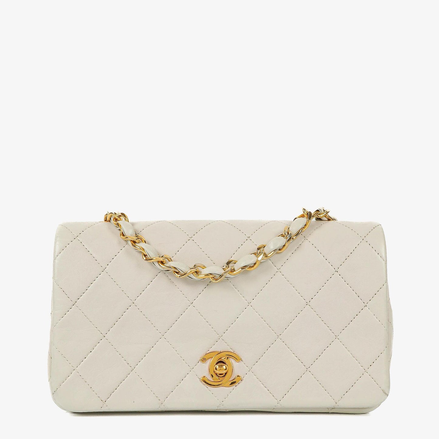 Chanel Mini Classic White Quilted Lambskin Full Flap Wallet On Chain WOC With 24K Gold-Plated Hardware