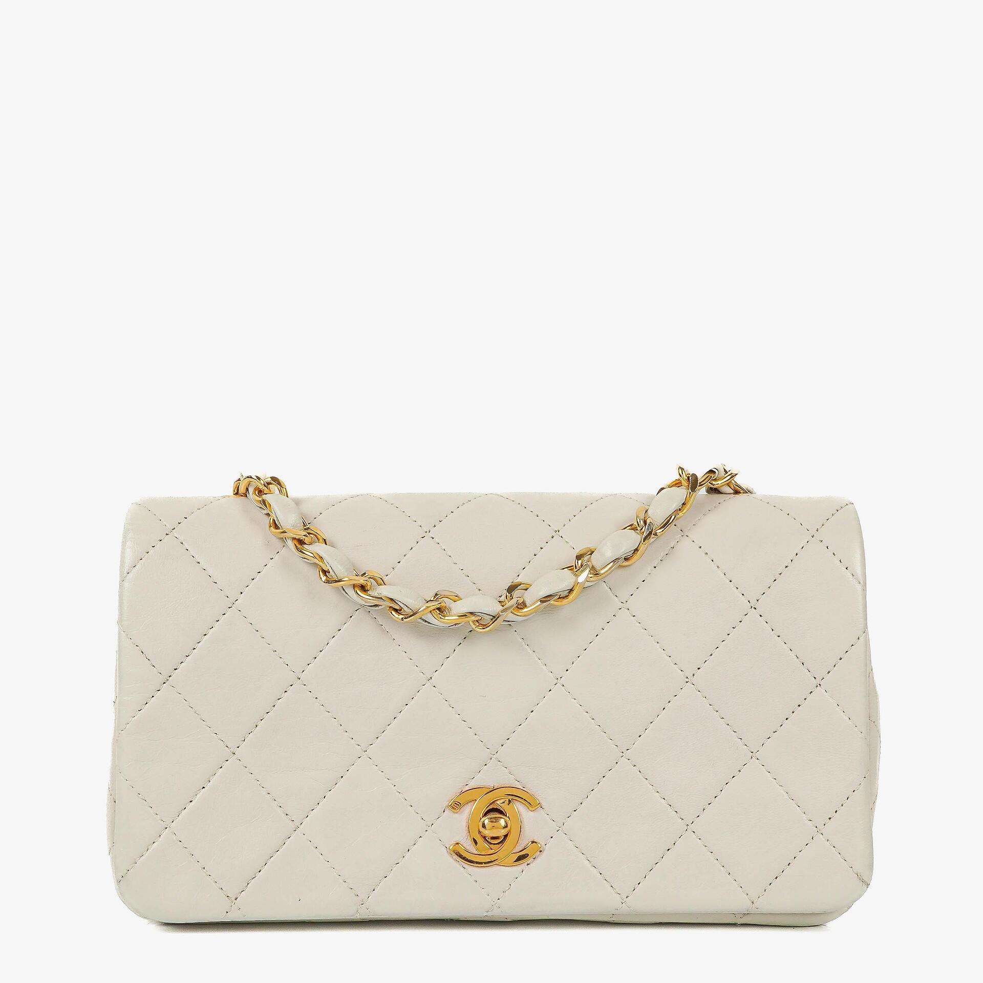 Chanel Mini Classic White Quilted Lambskin Full Flap Wallet On Chain WOC With 24K Gold-Plated Hardware
