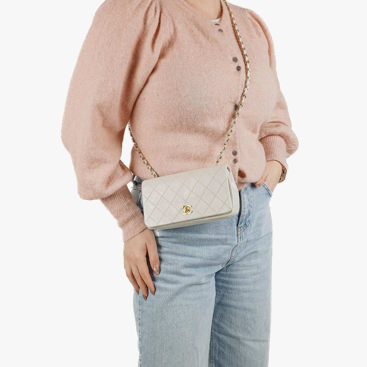 Chanel Mini Classic White Quilted Lambskin Full Flap Wallet On Chain WOC With 24K Gold-Plated Hardware