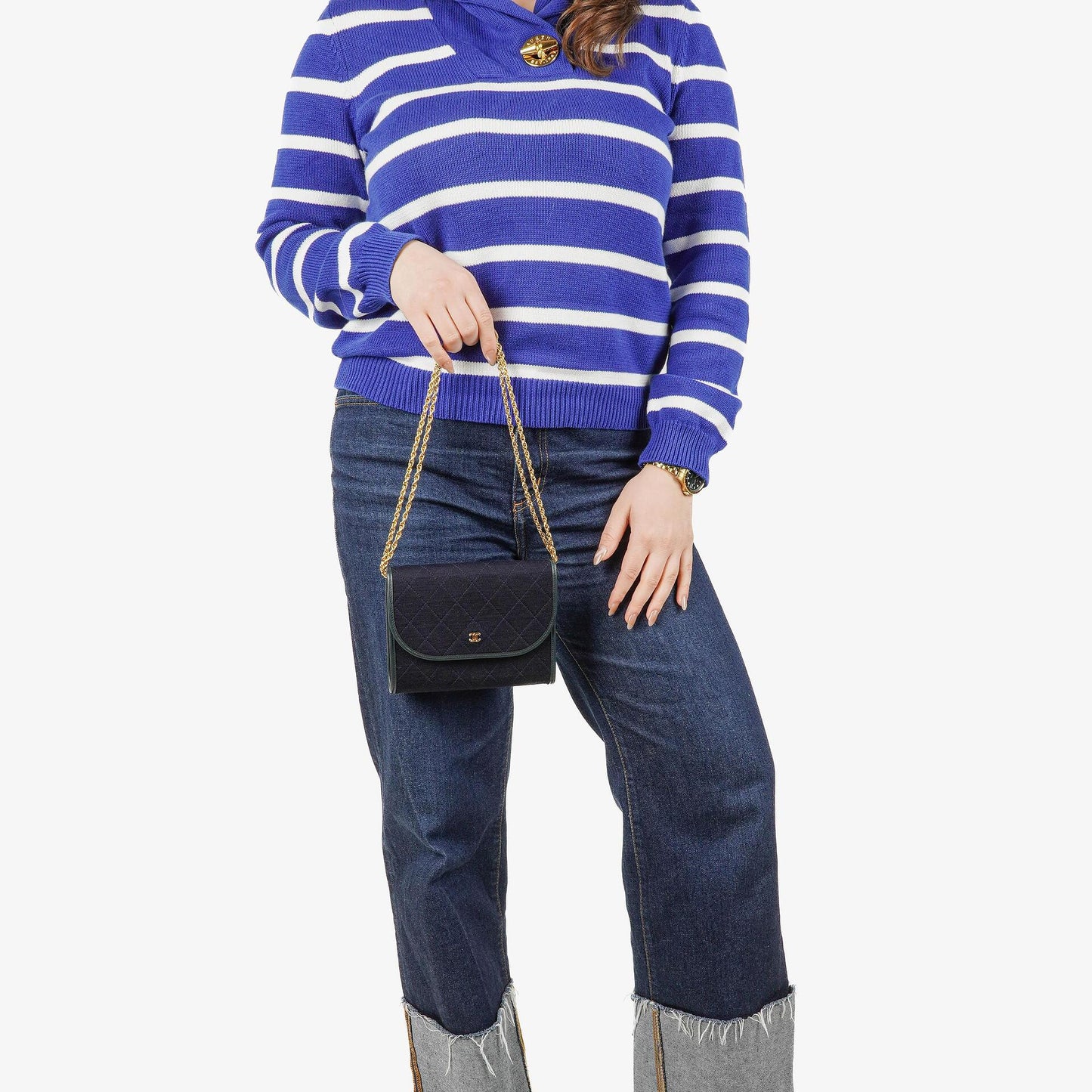 Chanel Mini Flap Navy Jersey With 24K Gold-Plated Hardware