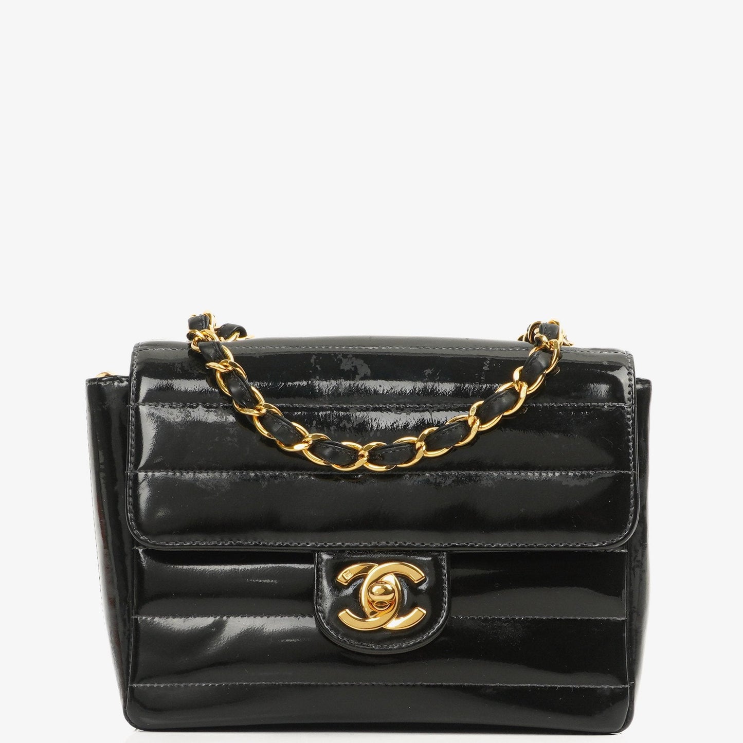 Chanel Mini Flap Square Bag in Black Horizontal Quilted Patent Leather with 24K Gold-Plated Hardware