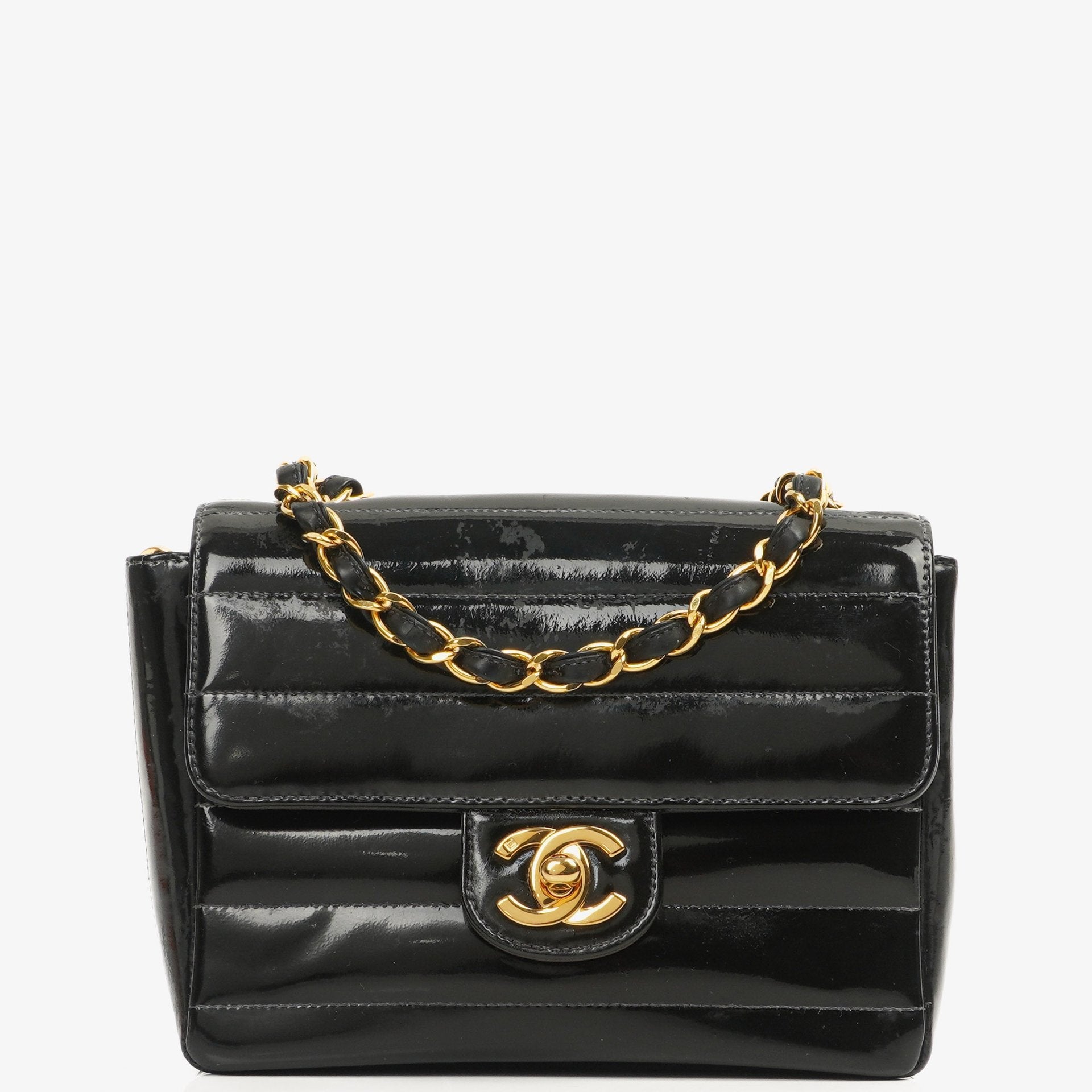 Chanel Mini Flap Square Bag in Black Horizontal Quilted Patent Leather with 24K Gold-Plated Hardware