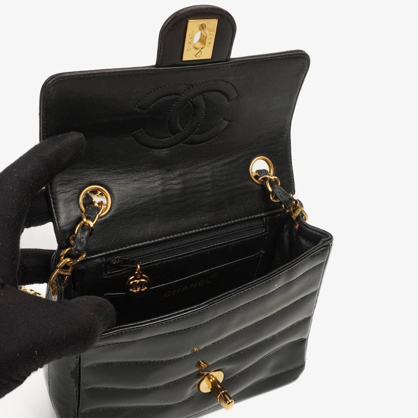 Chanel Mini Flap Square Bag in Black Horizontal Quilted Patent Leather with 24K Gold-Plated Hardware