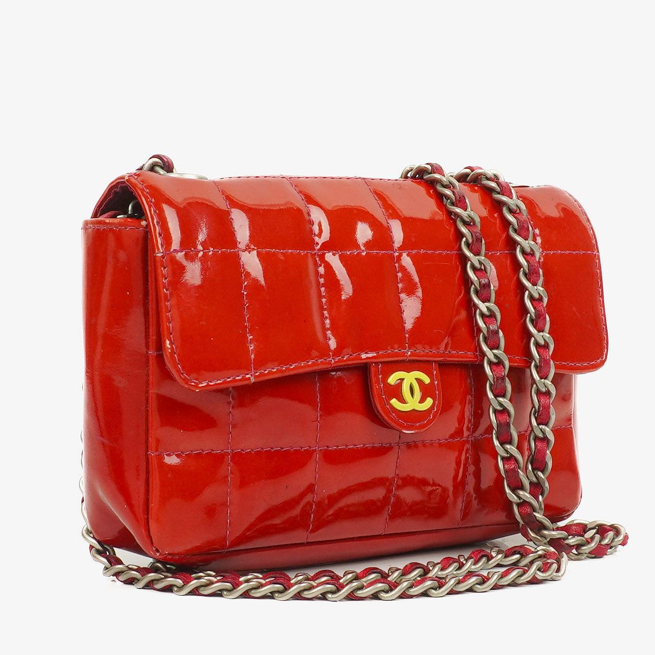 Chanel Mini Quilted Patent Leather East West Chocolate Bar Bag