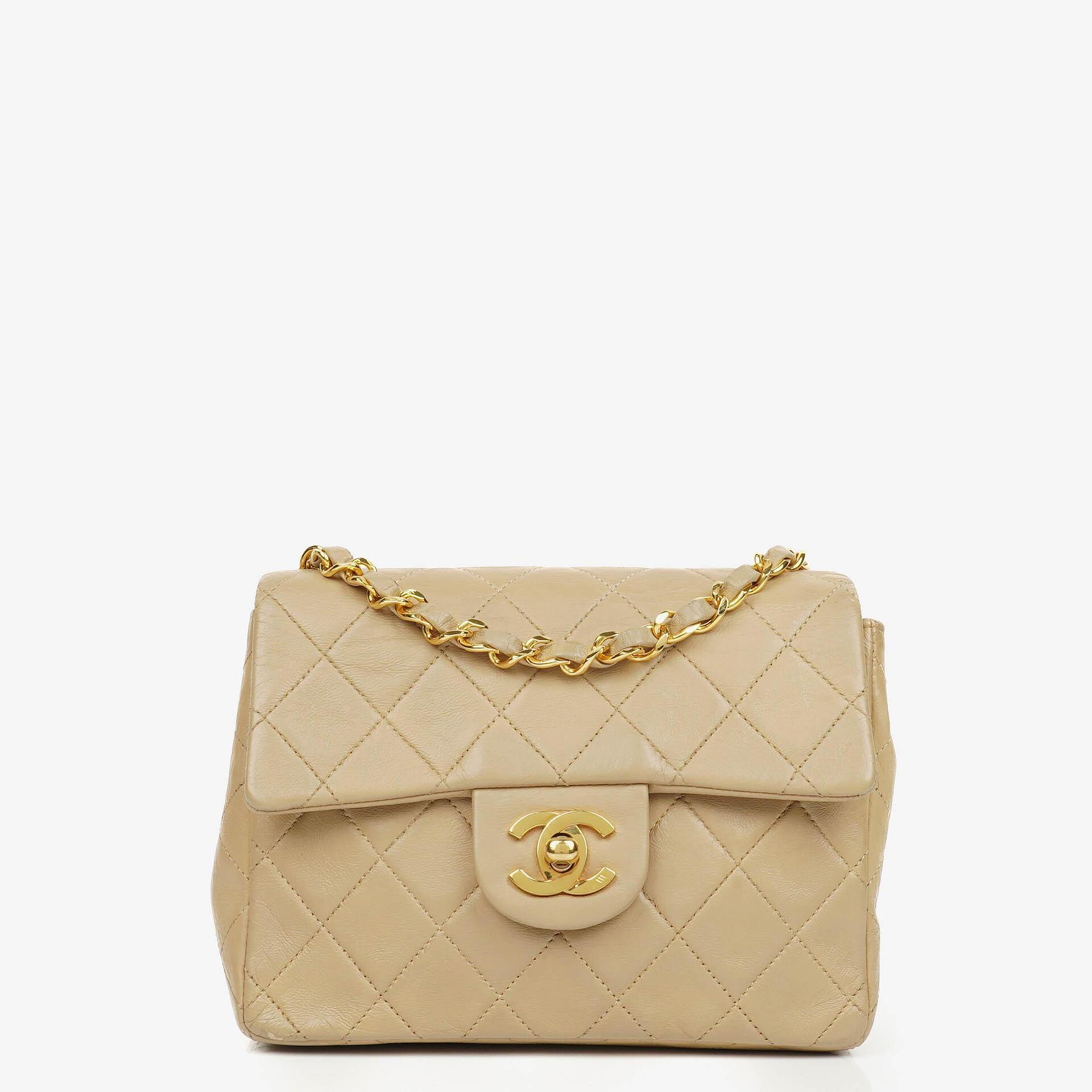 Chanel Mini Quilted Square Leather Beige Flap Bag With 24K Gold-Plated Hardware