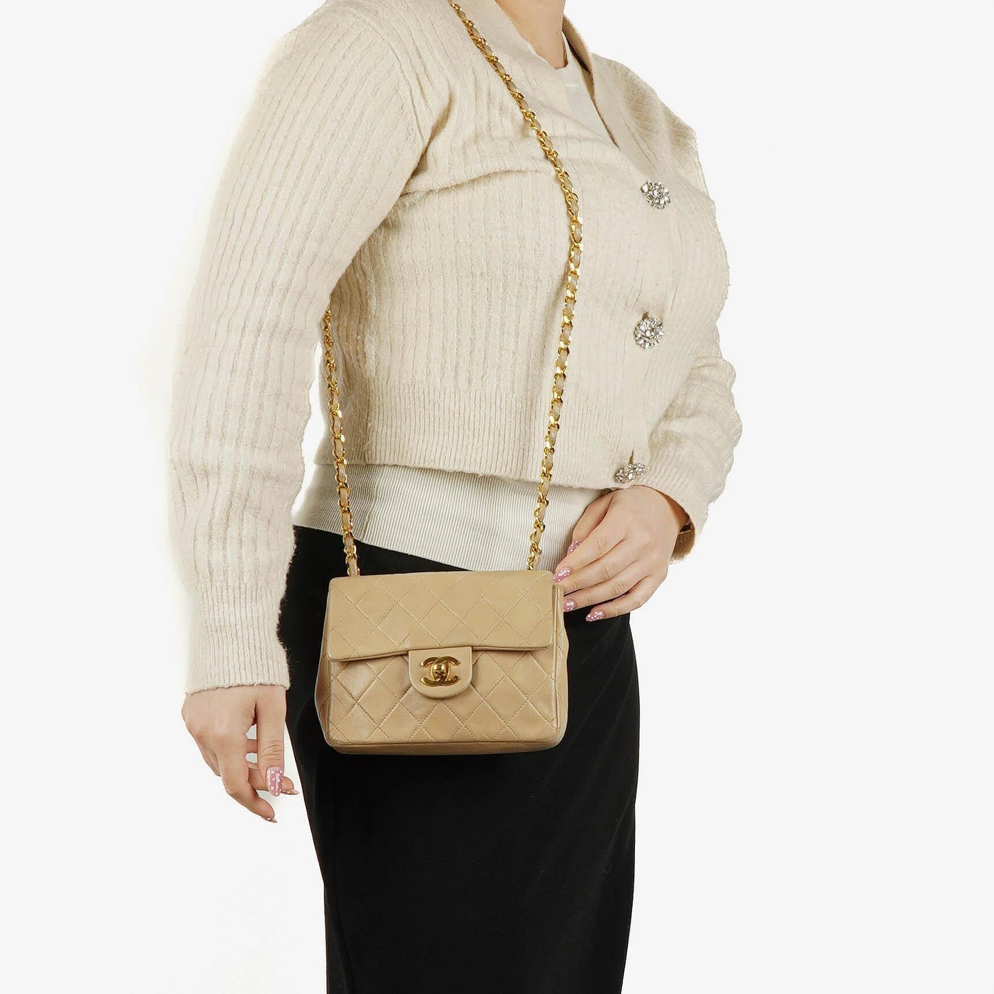 Chanel Mini Quilted Square Leather Beige Flap Bag With 24K Gold-Plated Hardware