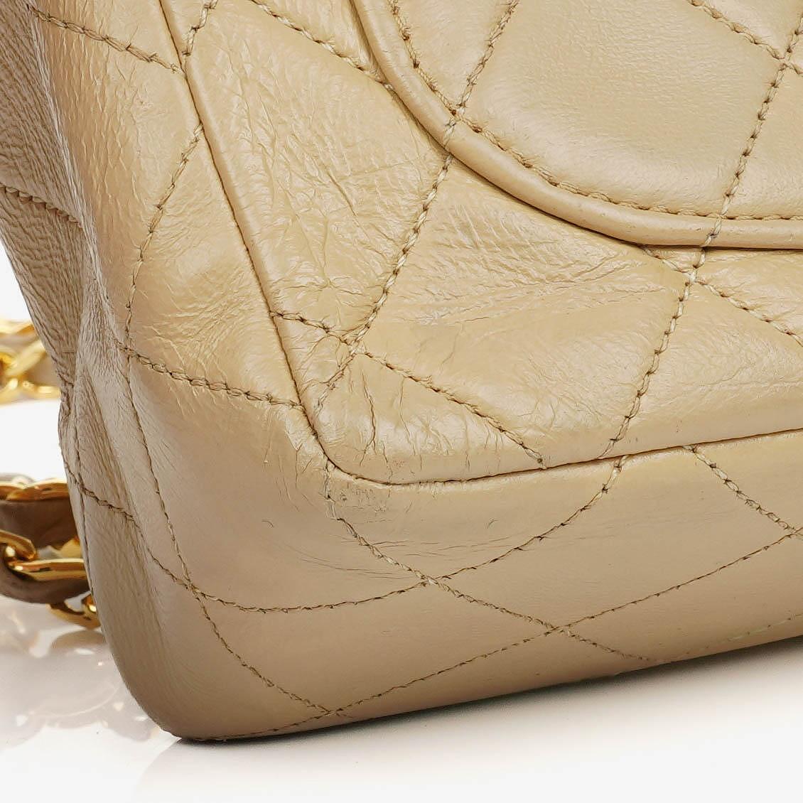 Chanel Mini Quilted Square Leather Beige Flap Bag With 24K Gold-Plated Hardware